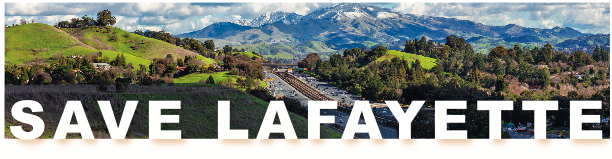 Save Lafayette: green hills, a highway, and Mount Diablo beneath a cloudy sky.